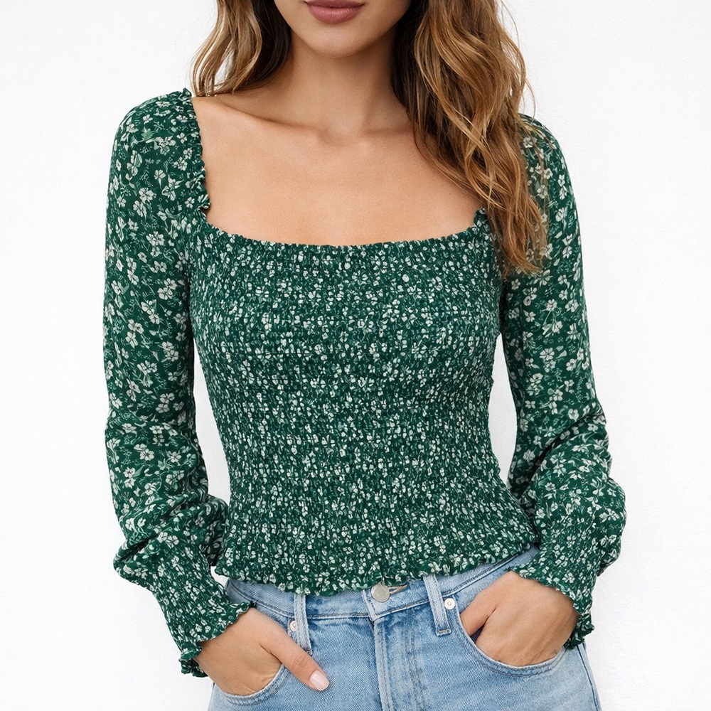 Reformation Green Floral Smocked Long Sleeves Crop Top Square Neck XS Romantic